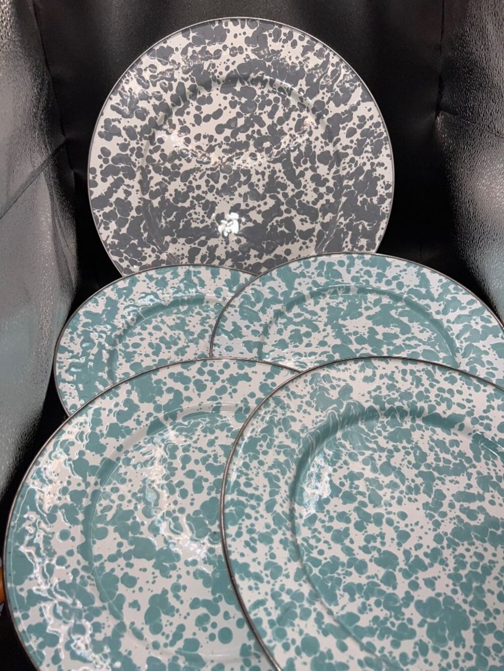 Golden Rabbit Sea Glass Swirl plates and gray platter Enamelware Set Outdoor